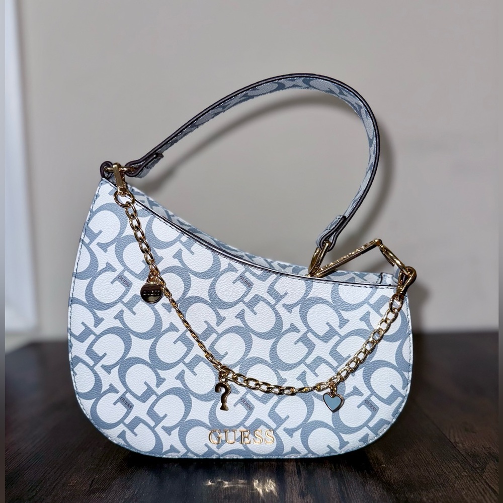 Light Pastel Blue Guess Saddle Shoulder Bag with Charm Chain